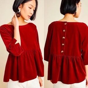 Anthropologie Red Velvet Blouse